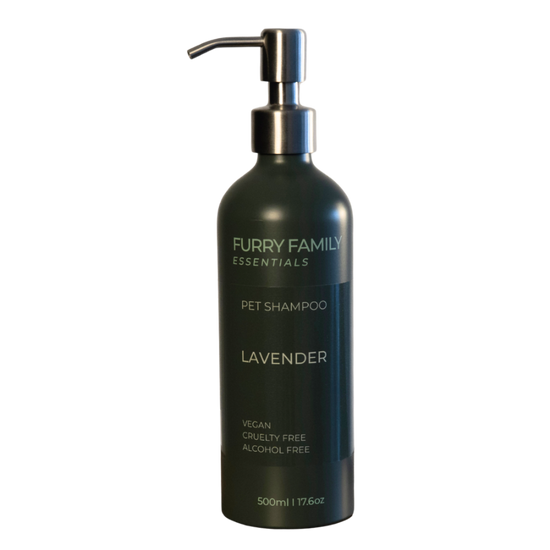 Black pet shampoo bottle with pump labeled &