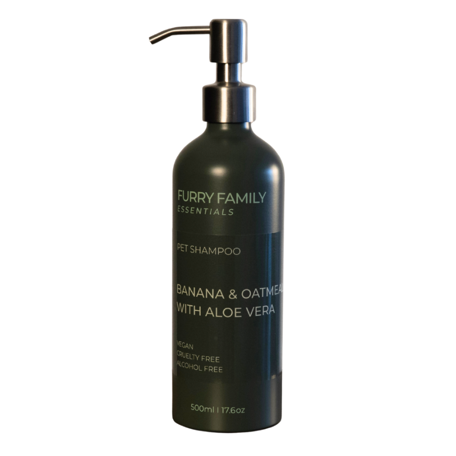 Black bottle of Furry Family Essentials pet shampoo with a pump on a white background