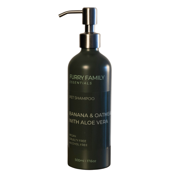 Black bottle of Furry Family Essentials pet shampoo with a pump on a white background