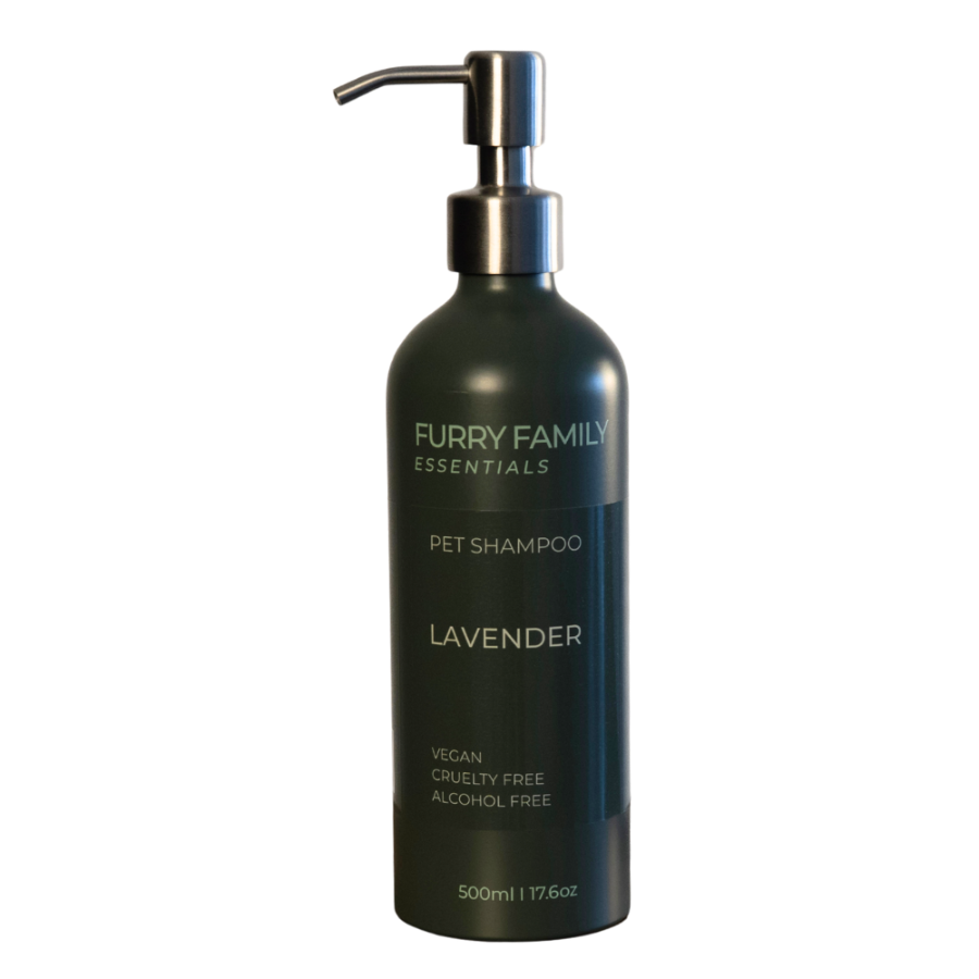 Black pet shampoo bottle with pump labeled &