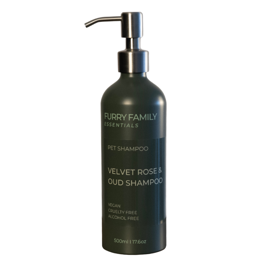 Pet shampoo bottle with pump labeled &