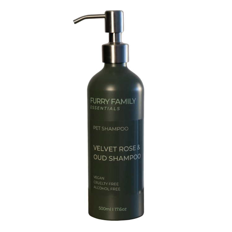 Pet shampoo bottle with pump labeled &